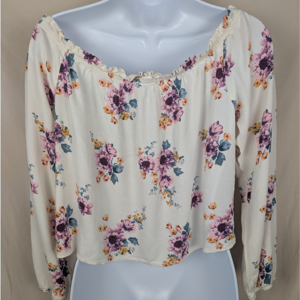 Rewind Floral Long Sleeve Peasant Top Cream Purple Tie Front Blouse Medium - Picture 9 of 10